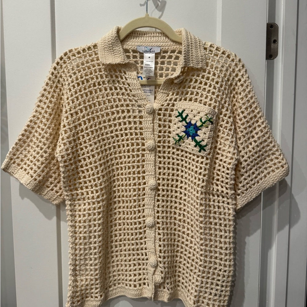 Cream Crochet Button-Up Top
